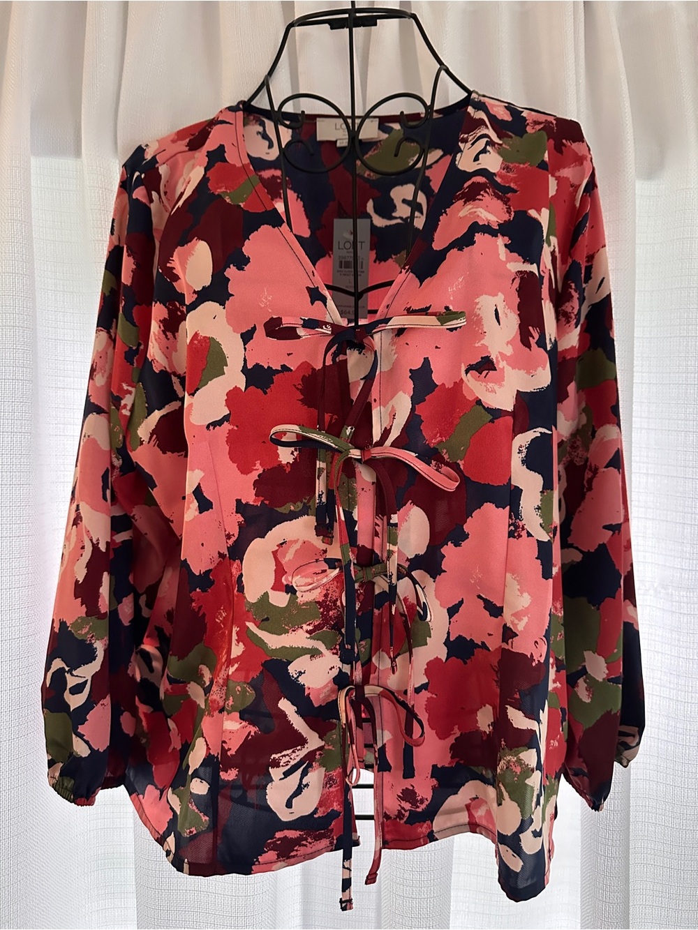 LOFT Pink Navy Olive Floral Tie-Front Blouse